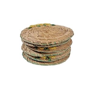 Vintage Rafia Straw Grass Yellow Floral Coasters Set of 6 Boho